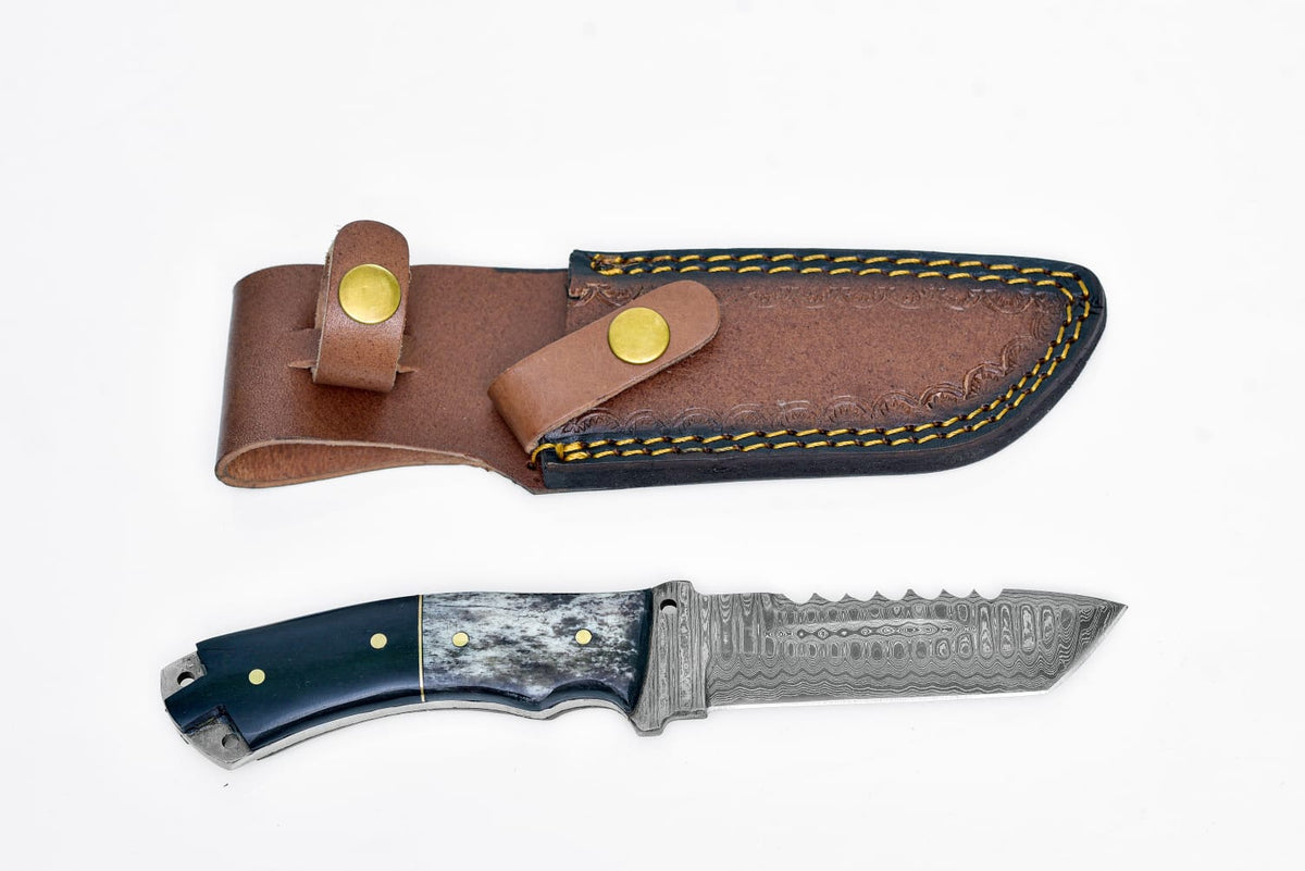 TD-039XM Damascus steel tanto knife with blue-black handle, brass pins, Titan K leather sheath on Tampa Home & Garden Store