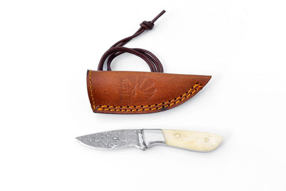 Damascus steel neck knife TK-093 with brown leather sheath and orange-stitch detailing on Tampa Home & Garden Store