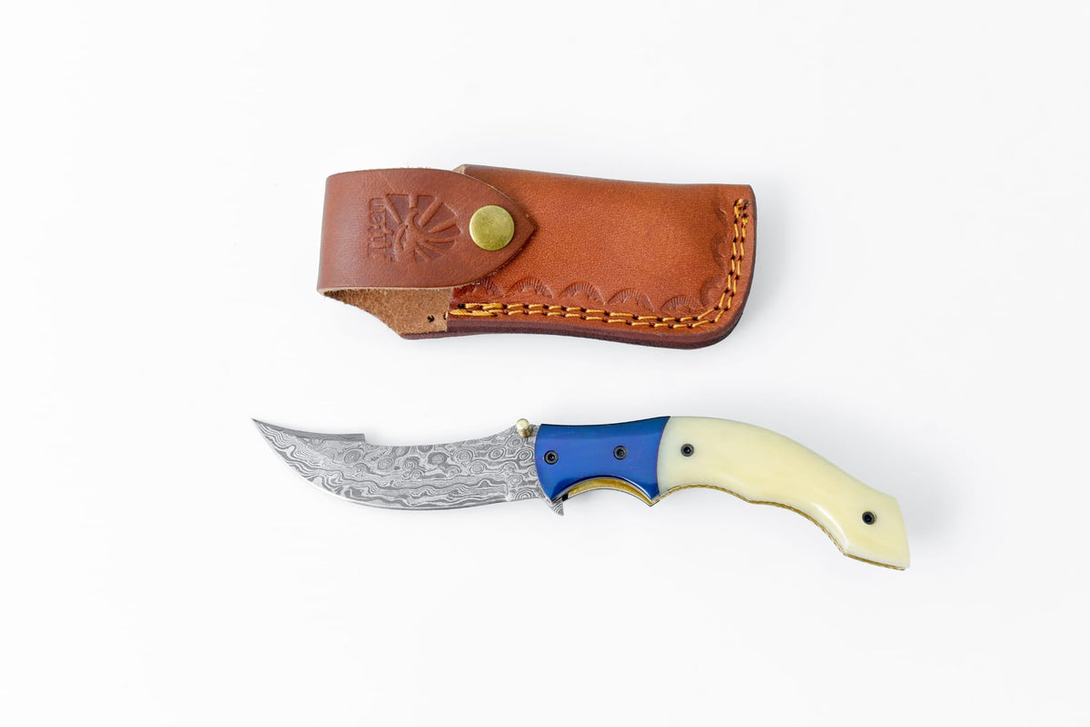 AzureGlide Clip Point Knife TF-048 with damascus blade and blue handle in leather sheath on Tampa Home & Garden Store