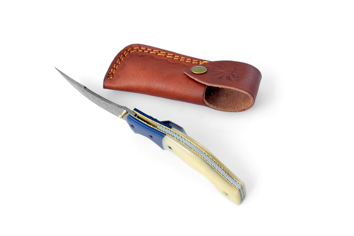 AzureGlide Clip Point Damascus TF-048 knife by Titan International K with leather sheath on Tampa Home & Garden Store