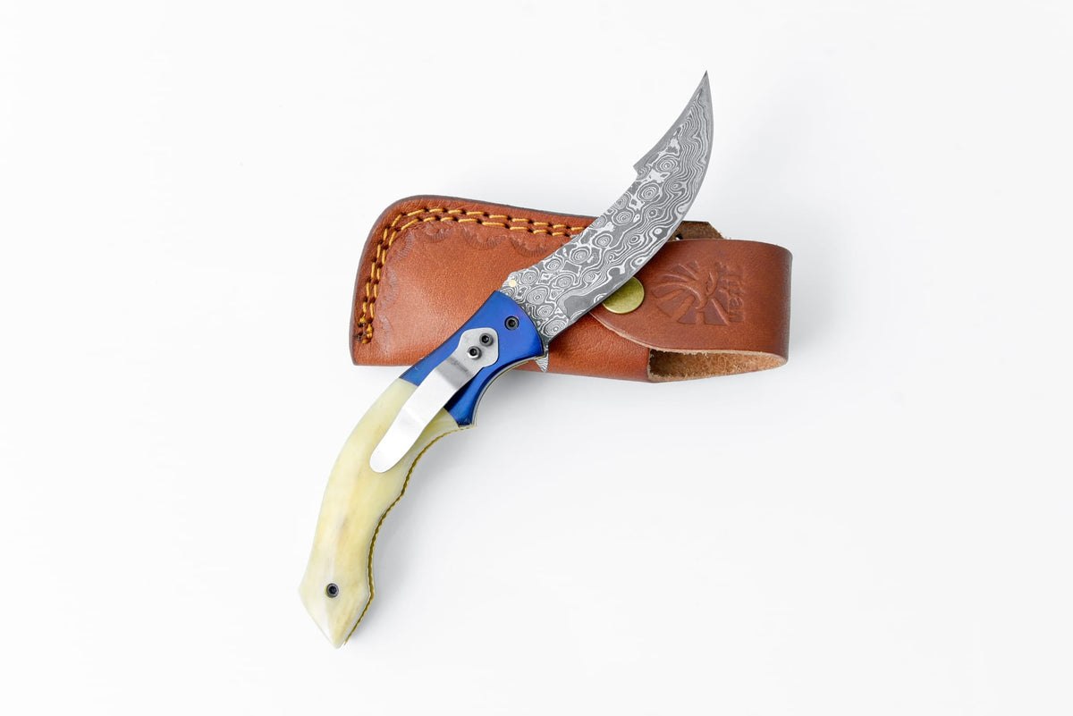 AzureGlide Clip Point Damascus TF-048 by Titan International K blue handle leather sheath on Tampa Home & Garden Store