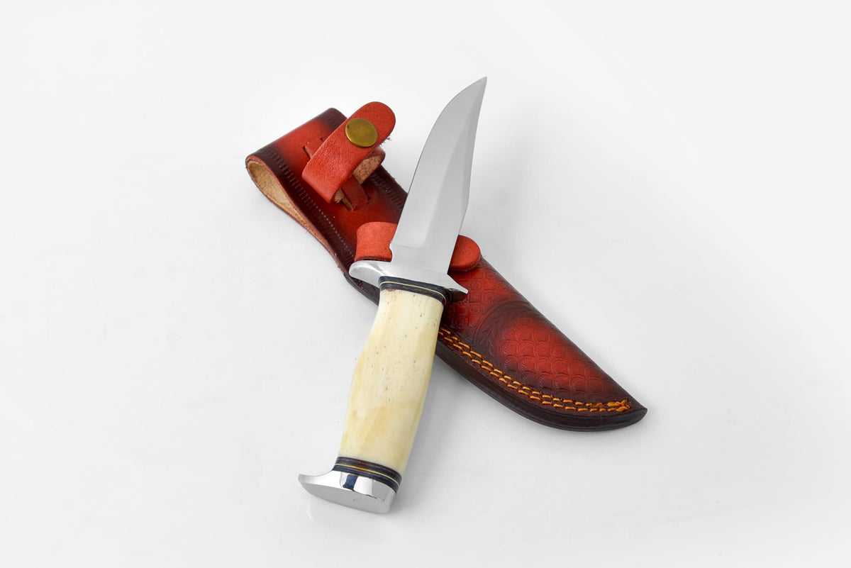 Titan Expedition Hunting Blade TO-001 locking knife with ivory handle and brown leather sheath on Tampa Home & Garden Store