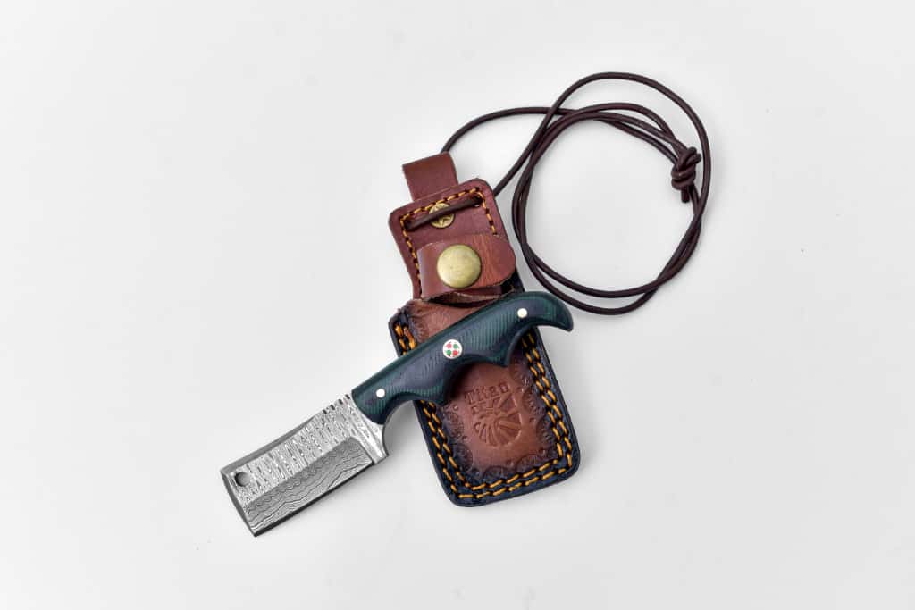 EDC mini cleaver TK-404 by Titan K with Damascus blade and green handle in brown leather sheath on Tampa Home & Garden Store