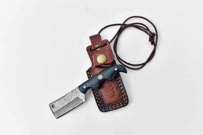 EDC mini cleaver TK-404 by Titan K with Damascus blade and green handle in brown leather sheath on Tampa Home & Garden Store
