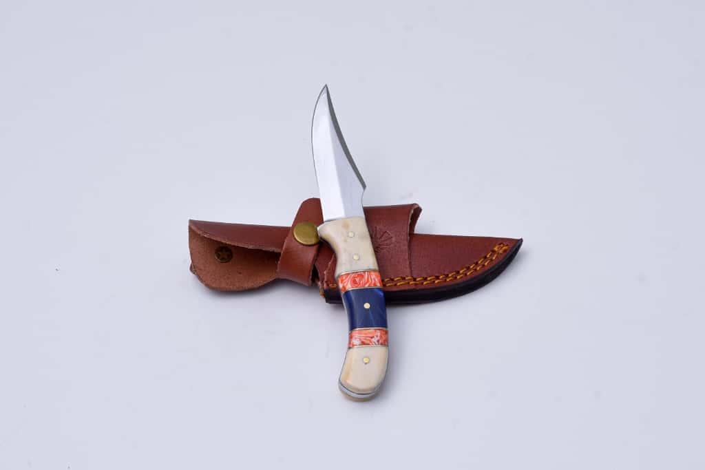 Fixed blade hunting knife with cream blue orange handle in leather sheath Titan TS-1 on Tampa Home & Garden Store