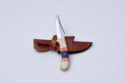 Fixed blade hunting knife with cream blue orange handle in leather sheath Titan TS-1 on Tampa Home & Garden Store