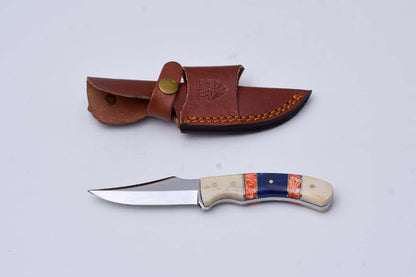 Fixed blade hunting knife TS-1 with ivory handle, blue/orange spacers, leather sheath 2pc on Tampa Home & Garden Store