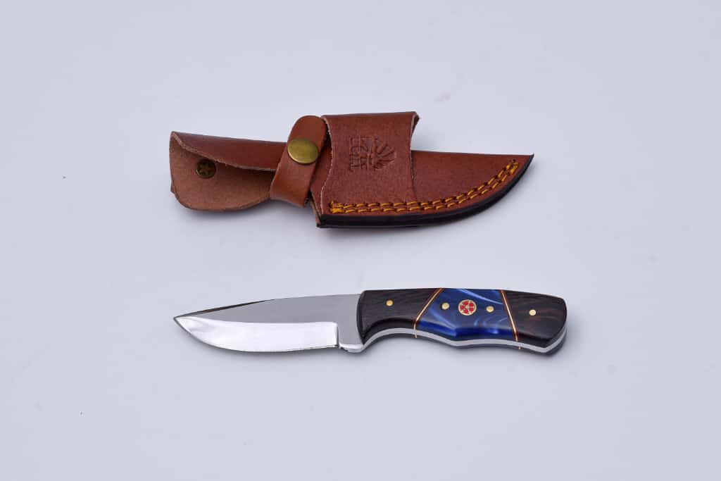 Skinner Knife TS-3 by Titan International K with blue/black wood handle and leather sheath on Tampa Home & Garden Store