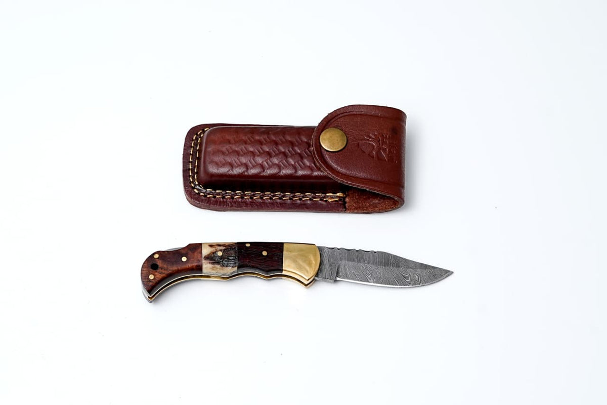 TF-019 Titan K pocket knife with walnut wood and stag handle, Damascus blade, back-lock on Tampa Home & Garden Store