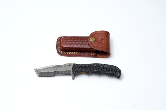 Storm Edge Damascus folding knife TF-082 with black handle brass pivot in leather sheath on Tampa Home & Garden Store