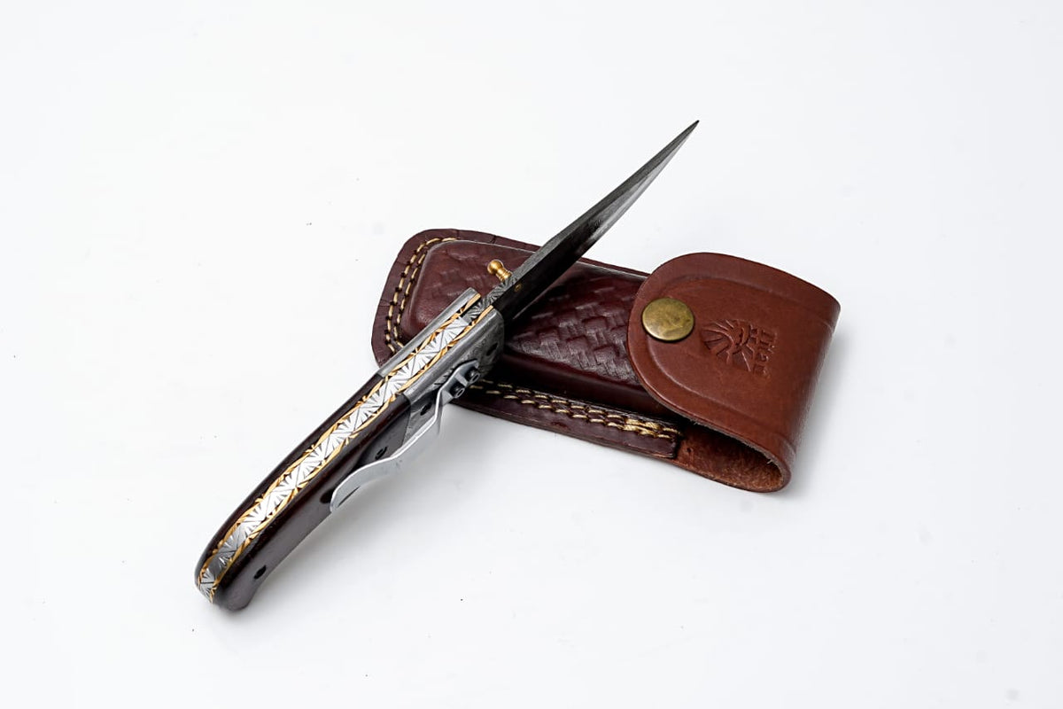 Titan classico Raindrop Damascus folding knife TF-121 Buck engraving, EDC, brown leather sheath on Tampa Home & Garden Store