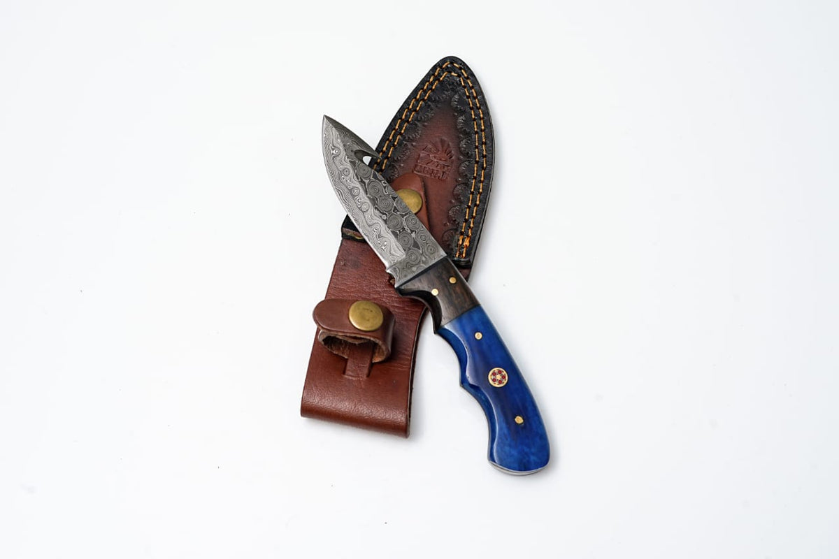 Damascus skinning gut-hook hunting knife TD-176 by Titan with blue handle and leather sheath on Tampa Home & Garden Store