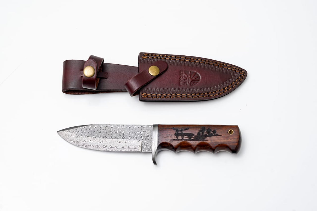 Damascus steel hunting knife by Titan International K with walnut scales and leather sheath on Tampa Home & Garden Store