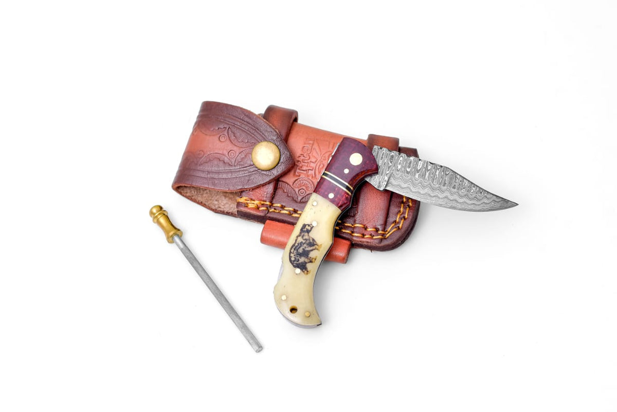Bear Engraved Damascus Folding Knife with leather sheath Titan International K TF-122 on Tampa Home & Garden Store