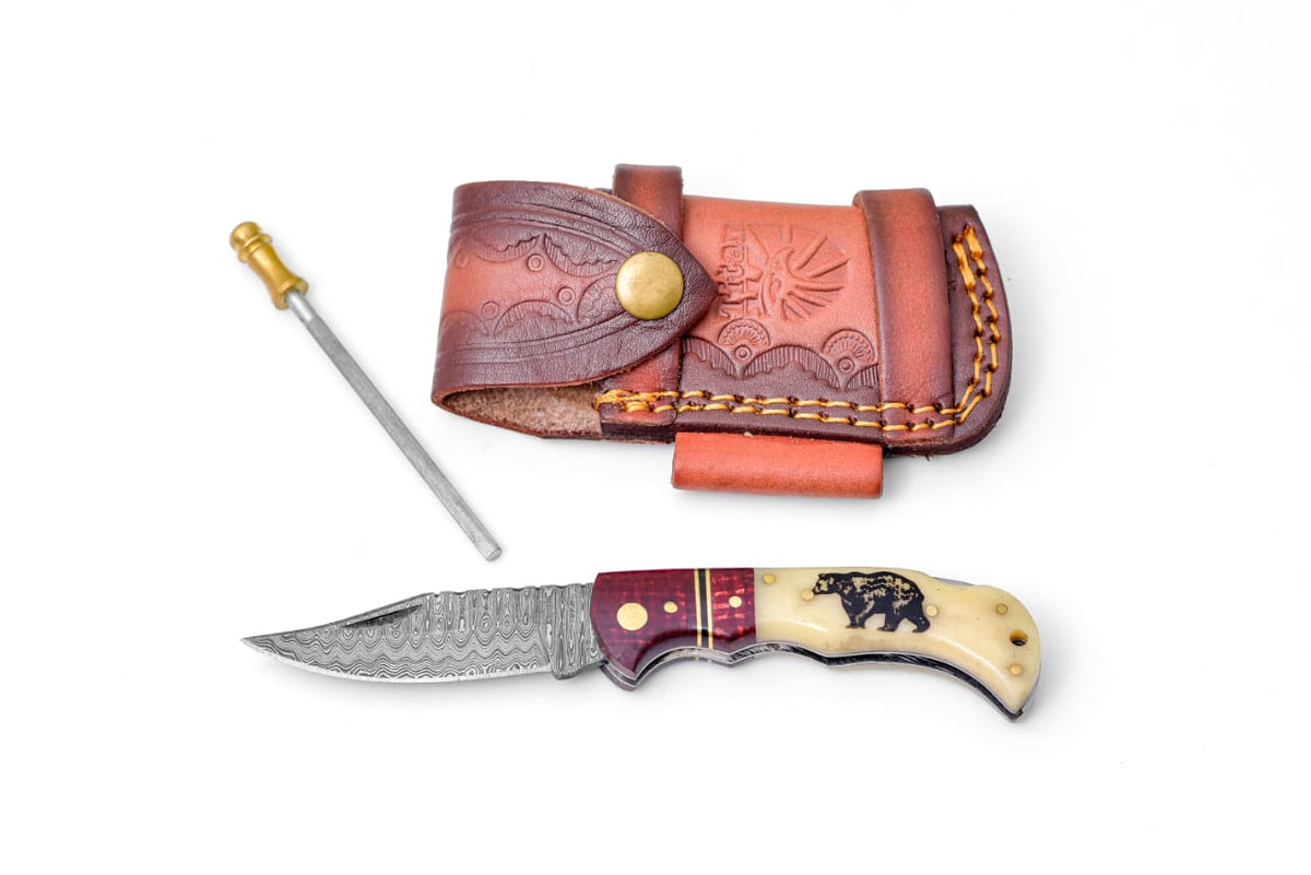 Bear Engraved Damascus Folding Knife with Leather Sheath, locking blade by Titan on Tampa Home & Garden Store