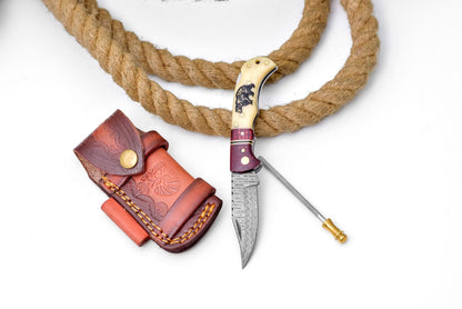 Bear Engraved Damascus Folding Knife with Leather Sheath TF-122 Titan Intl K locking blade on Tampa Home & Garden Store