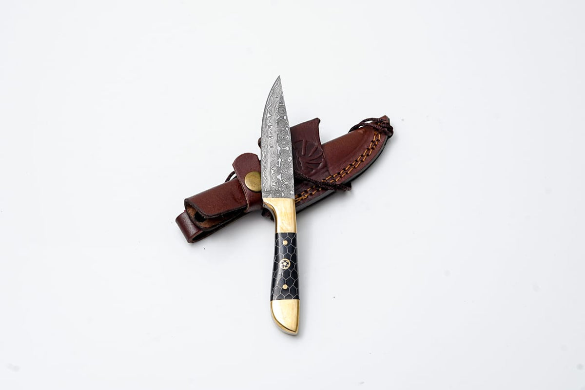 Titan The Golden Serpent TK-413 Damascus knife with blade, brass bolster, black handle on Tampa Home & Garden Store