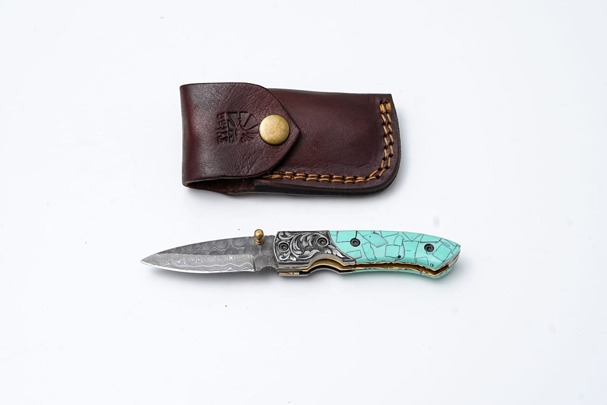 Turquoise Damascus Folding Knife TF-090 with hand-engraved bolster and turquoise mosaic handle on Tampa Home & Garden Store