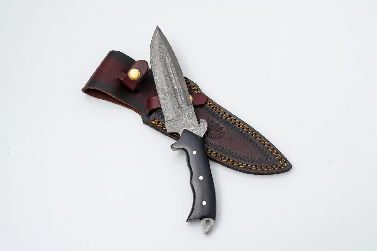 TD-018 Titan fixed-blade knife with Damascus blade and black handle in leather sheath on Tampa Home & Garden Store