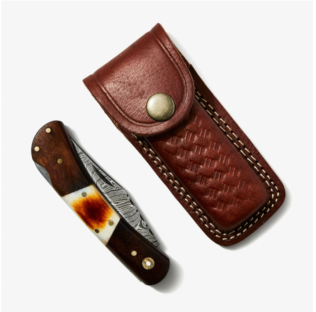 Walnut & torched bone Damascus pocket knife TF-118 with locking blade and wood/bone handle on Tampa Home & Garden Store