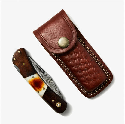 Walnut & torched bone Damascus pocket knife TF-118 with locking blade and wood/bone handle on Tampa Home & Garden Store
