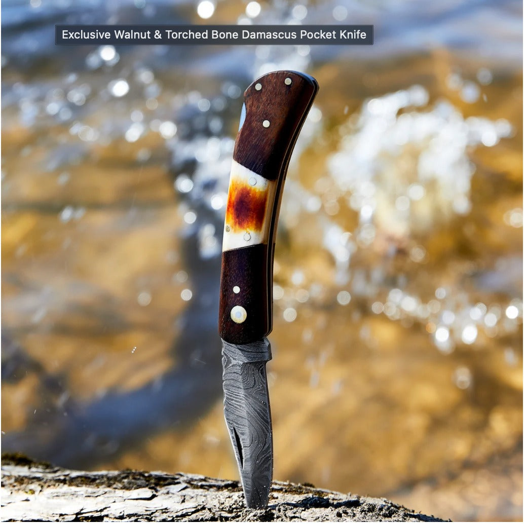 Walnut & Torched Bone Damascus Pocket Knife TF-118 from Titan International K, locking blade on Tampa Home & Garden Store