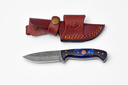 Handmade Damascus steel knife with blue resin and wenge wood handle, leather sheath Titan Intl K on Tampa Home & Garden Store
