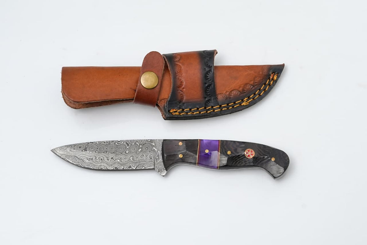 Damascus steel fixed blade TK-419 knife with wenge wood and purple resin handle leather sheath on Tampa Home & Garden Store