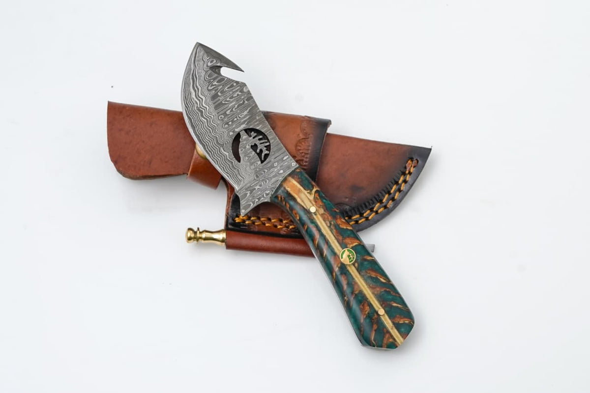 Damascus Guthook Hunting Knife with pinecone handle leather sheath TK-423 Titan K on Tampa Home & Garden Store