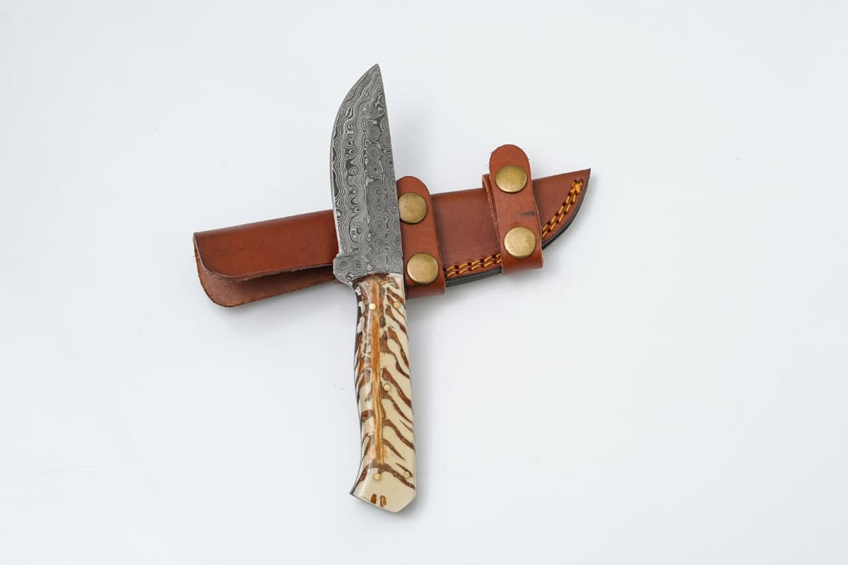 Damascus steel knife TK-426 with camel bone handle and leather sheath Titan International K on Tampa Home & Garden Store