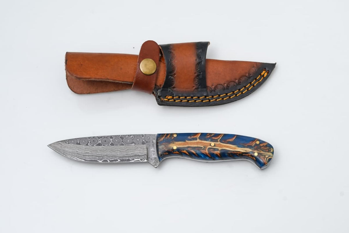 Damascus steel locking knife by Titan; blue pine cone handle TK-427, leather sheath, 2pc set on Tampa Home & Garden Store
