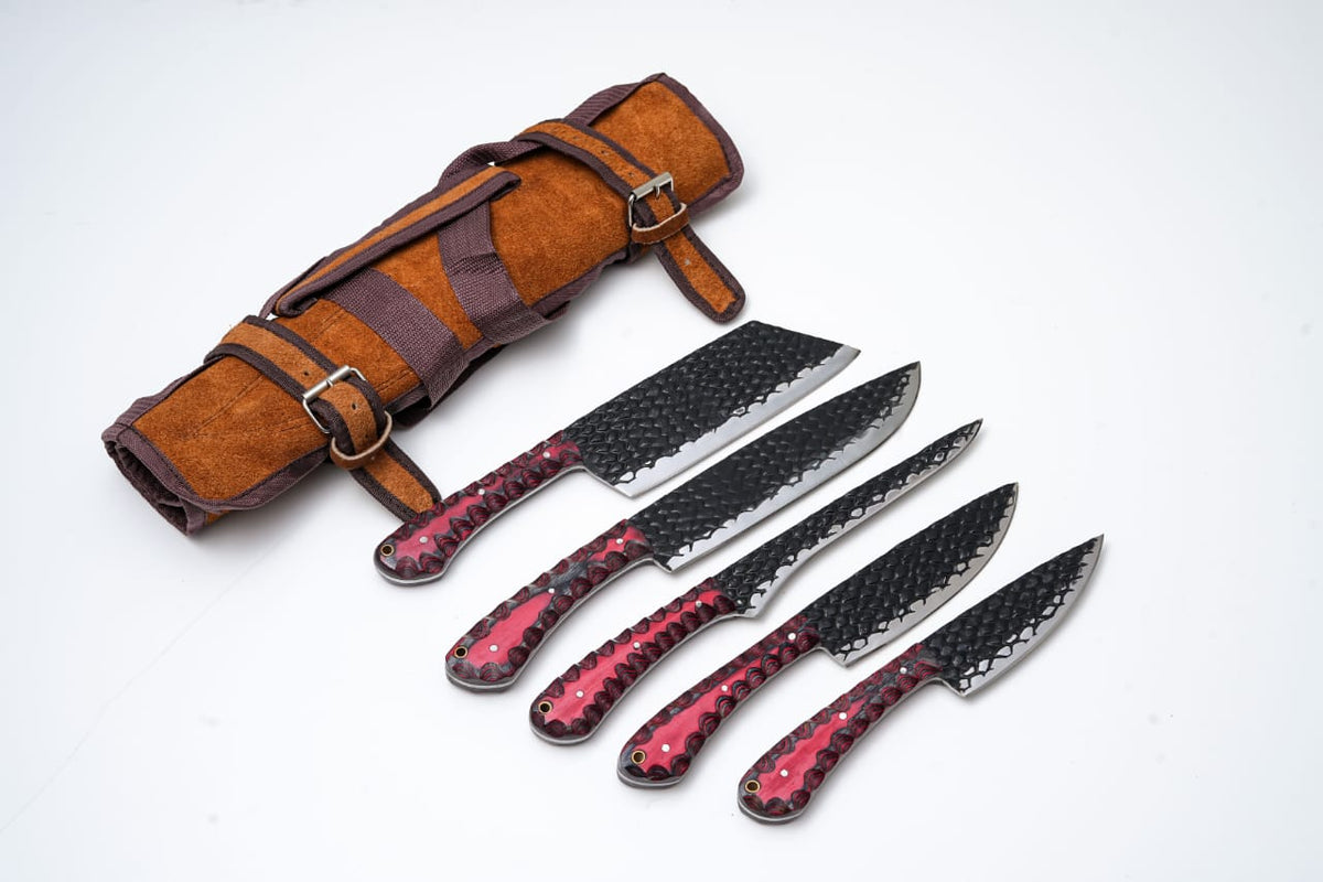 5-Piece Kitchen Knife Set Dragon Scale carbon steel with red diamond wood handles in leather roll on Tampa Home & Garden Store