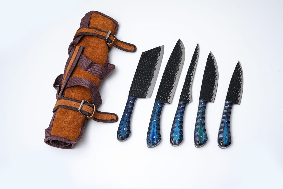 5-piece hand-forged kitchen knife set CK-001 dragon-scale blades and blue-handles leather-roll on Tampa Home & Garden Store