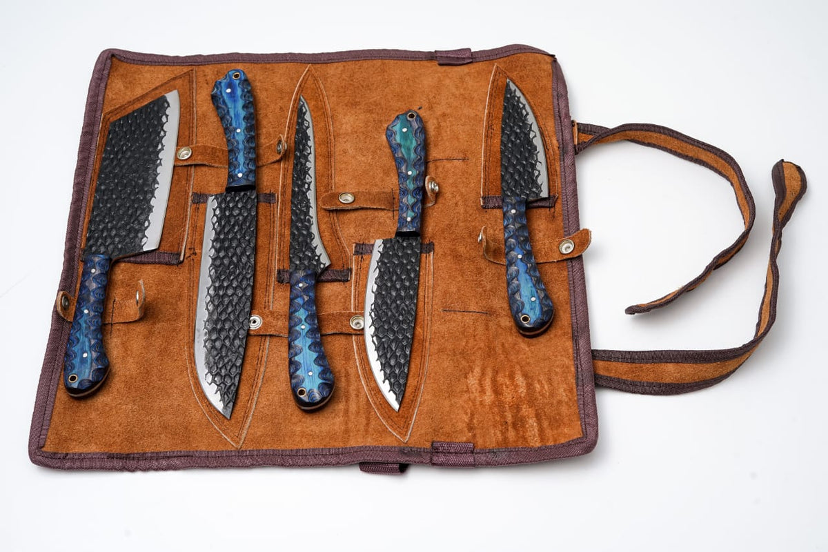5-Piece Kitchen Knife Set with dragon-scale carbon-steel blades and blue diamond wood handles on Tampa Home & Garden Store