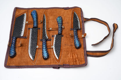 5-Piece Kitchen Knife Set with dragon-scale carbon-steel blades and blue diamond wood handles on Tampa Home & Garden Store