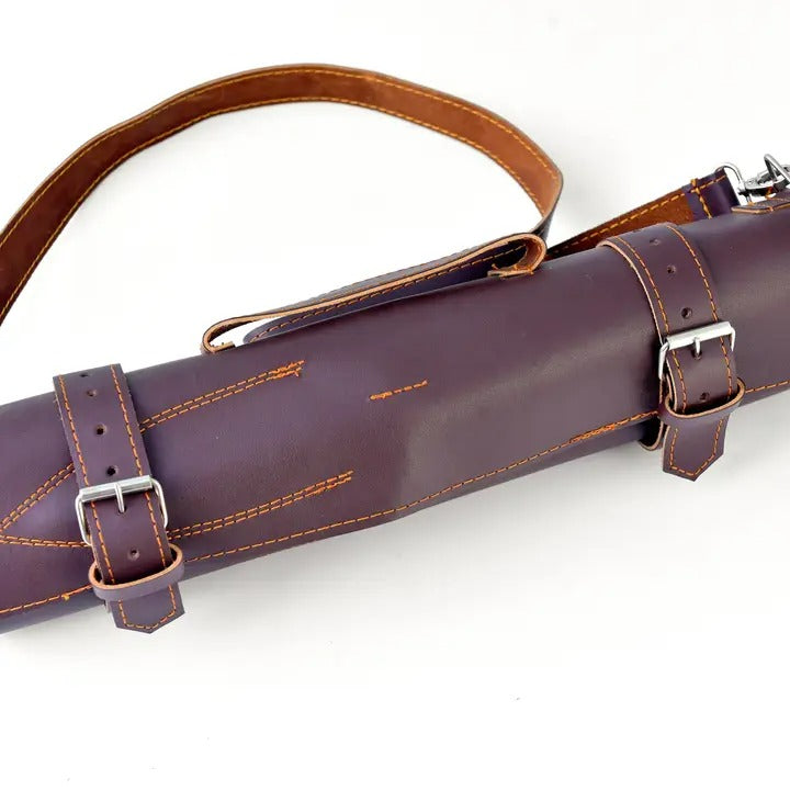 Titan K leather knife roll for 5-piece set purple leather with orange stitching and buckles on Tampa Home & Garden Store