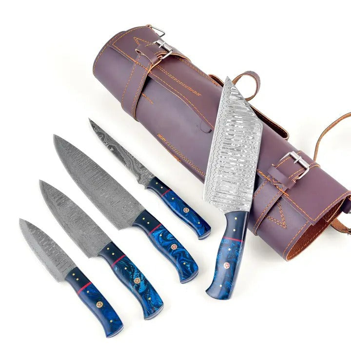 Blue Galaxy Damascus 5-piece kitchen knife set with leather roll and blue marbled handles Titan on Tampa Home & Garden Store