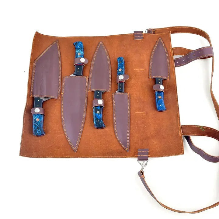 Titan’s Blue Galaxy Damascus 5-Piece Kitchen Knife Set in brown leather roll with blue handles on Tampa Home & Garden Store