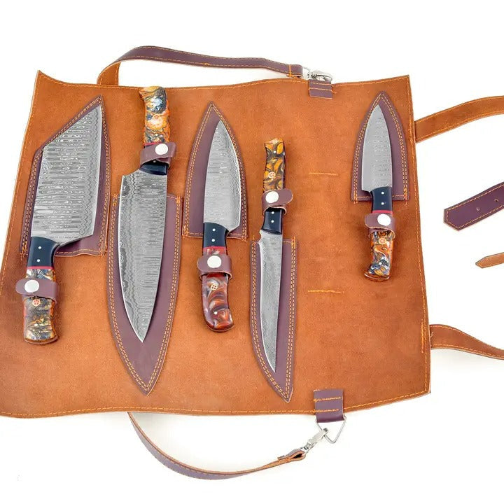 Titan 5-piece molten amber Damascus steel kitchen knife set in a brown leather roll on Tampa Home & Garden Store