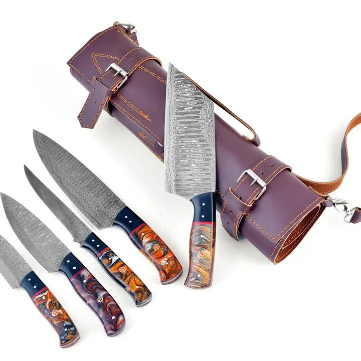 Titan International K Molten Amber Damascus 5-piece kitchen knife set with swirled amber handles on Tampa Home & Garden Store