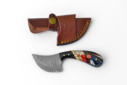 Damascus Curve Utility Knife TK-460 fixed blade with colorful resin handle; brown leather sheath on Tampa Home & Garden Store