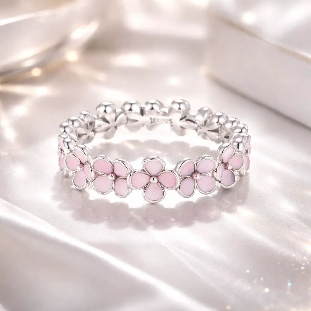925 Silver Enamel Flower Ring size 5 for Women, pink petal blossoms, by Bids.com on Tampa Home & Garden Store
