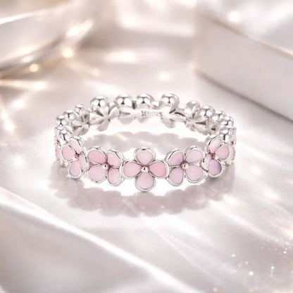 925 Silver Enamel Flower Ring size 5 for Women, pink petal blossoms, by Bids.com on Tampa Home & Garden Store