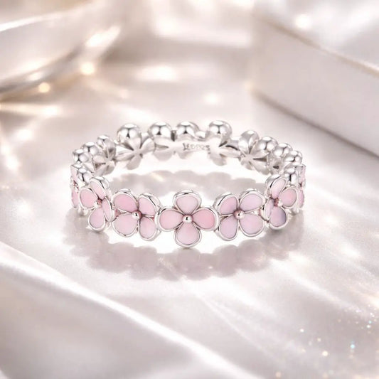 925 Silver Enamel Flower Ring size 5 for Women, pink petal blossoms, by Bids.com on Tampa Home & Garden Store