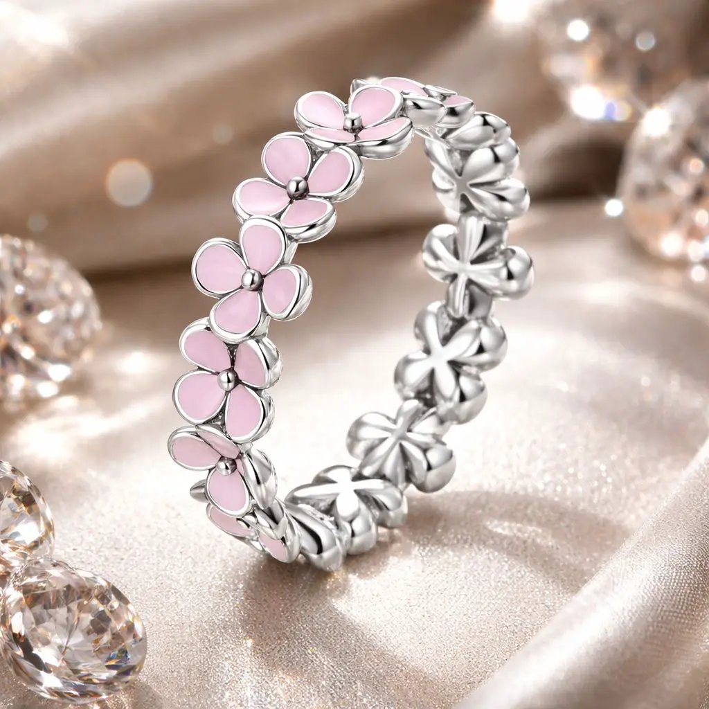 925 sterling silver enamel ring for women with pink floral petals, size 5 by Bids.com on Tampa Home & Garden Store
