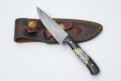 Titan HexForge Damascus Utility Knife TK-526 with damascus blade, black handle, leather sheath on Tampa Home & Garden Store