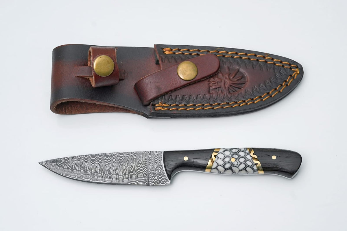 Titan HexForge Damascus Utility Knife TK-526 with Damascus blade and brass handle leather sheath on Tampa Home & Garden Store