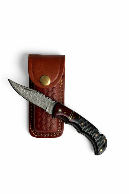 Titan Ironclaw Damascus Folding Knife TF-081 with Damascus blade and dark handle leather sheath on Tampa Home & Garden Store