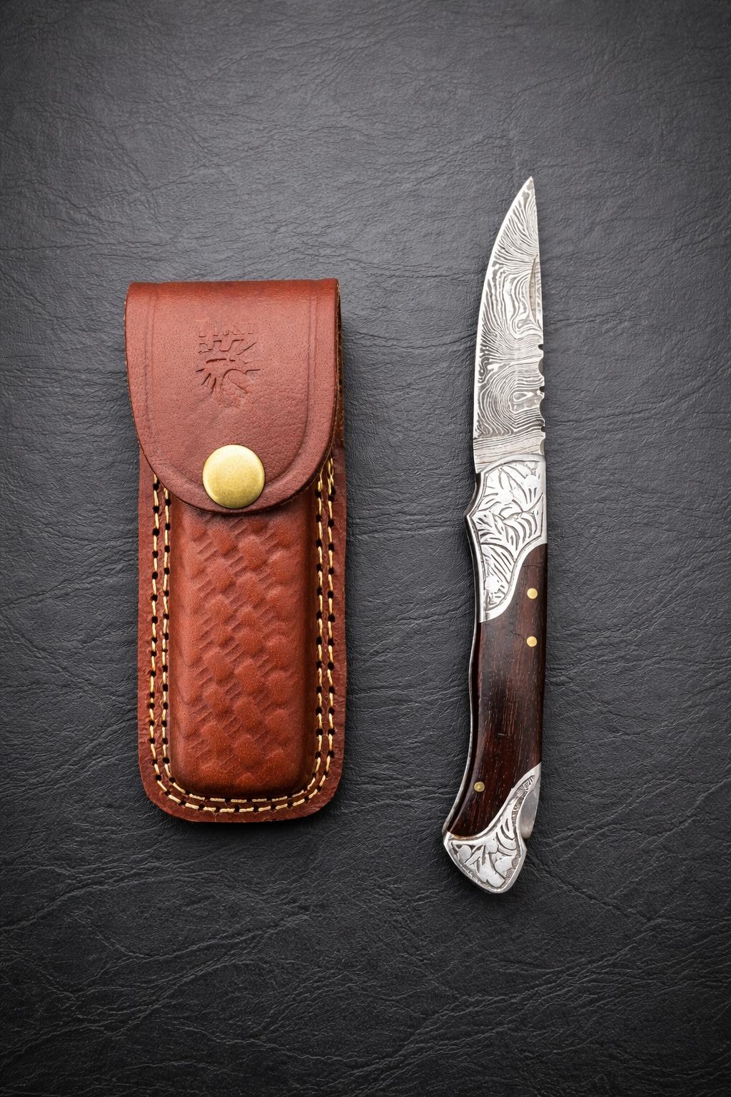 Titan Ironcrest Damascus folding knife TF-005W with damascus blade and wood handle, leather sheath on Tampa Home & Garden Store