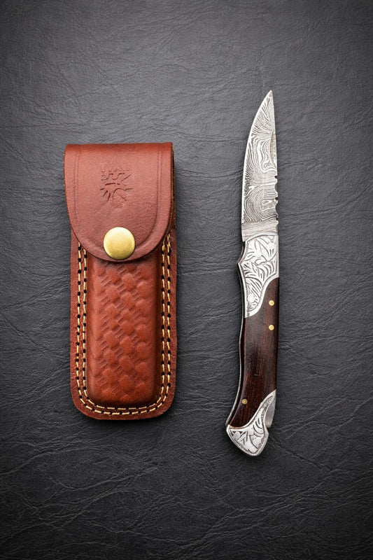 Titan Ironcrest Damascus folding knife TF-005W with damascus blade and wood handle, leather sheath on Tampa Home & Garden Store